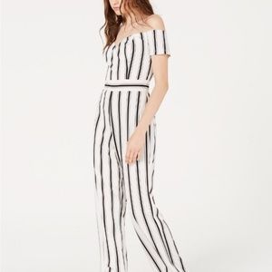 Teeze Me Juniors Off-The-Shoulder Striped Jumpsuit